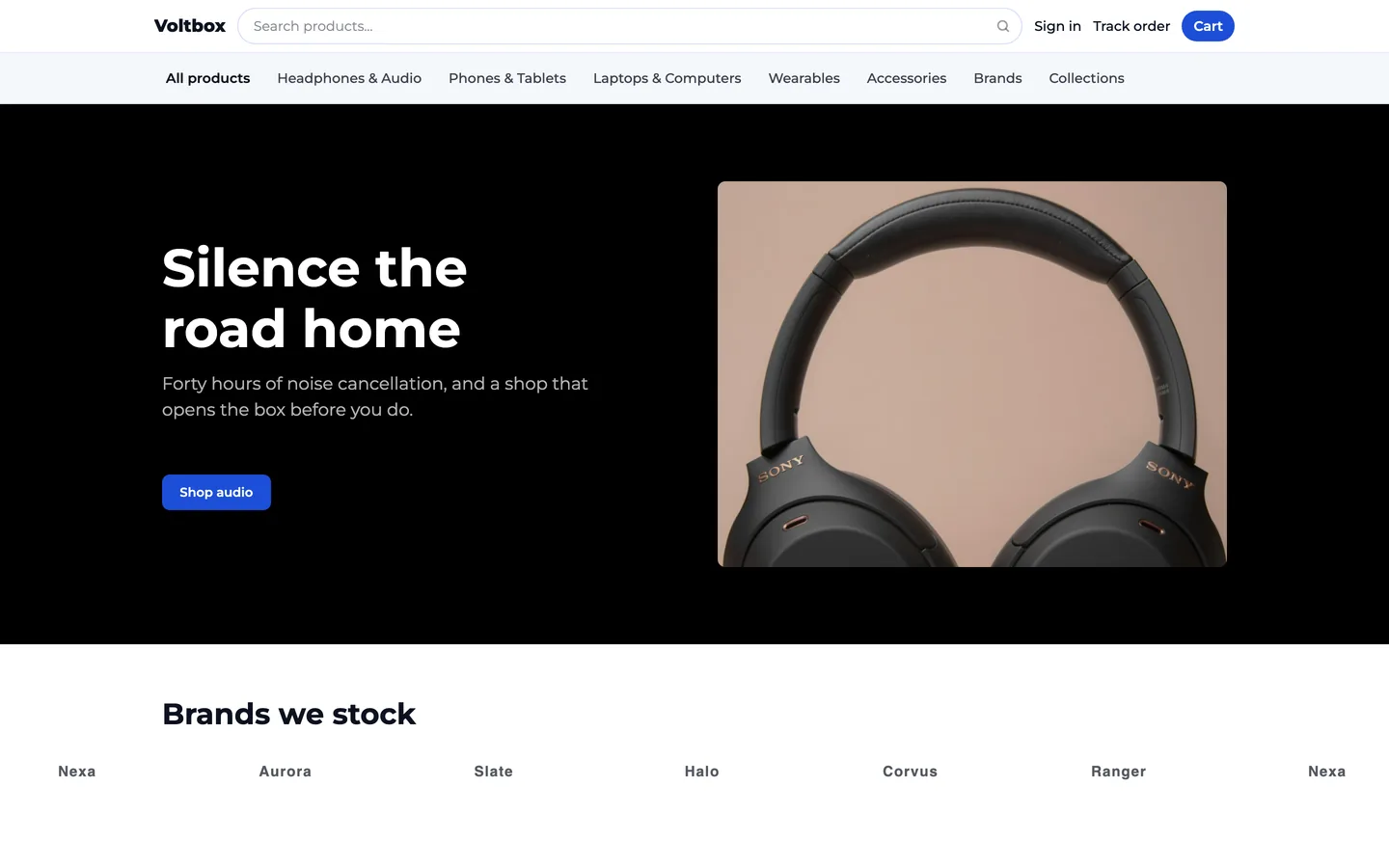 Voltbox, a gadget shop: a black split hero with headphones beside the headline, over a moving row of the brands it stocks.