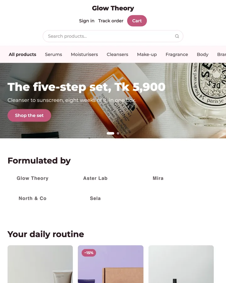 Glow Theory, a skincare shop: a banner slider over a row of stockist names and a slider of serums and cleansers.